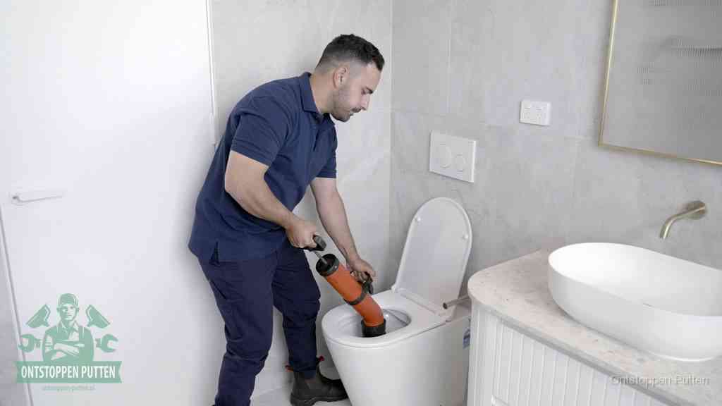 Een monteur gebruikt een handmatige perspomp (toiletontstopper) op een wandcloset tijdens het professioneel wc ontstoppen in Putten